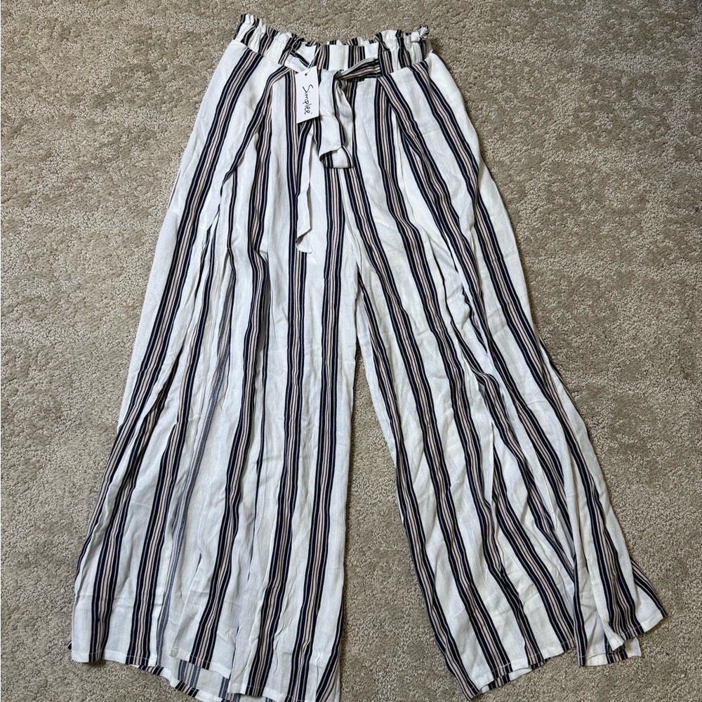 NWT Simple White Wide-Leg Paperbag Pants with Black & Navy Stripes
